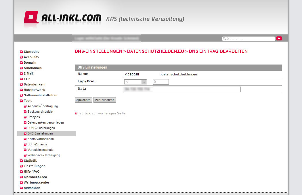All-Inkl.com DNS Eintrag für Jitsi einrichten